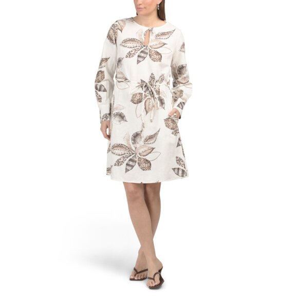 LA PICCOLA CREATIVA Italy Linen Blend Long Sleeve Floral Print Mini Dress - Picture 1 of 2